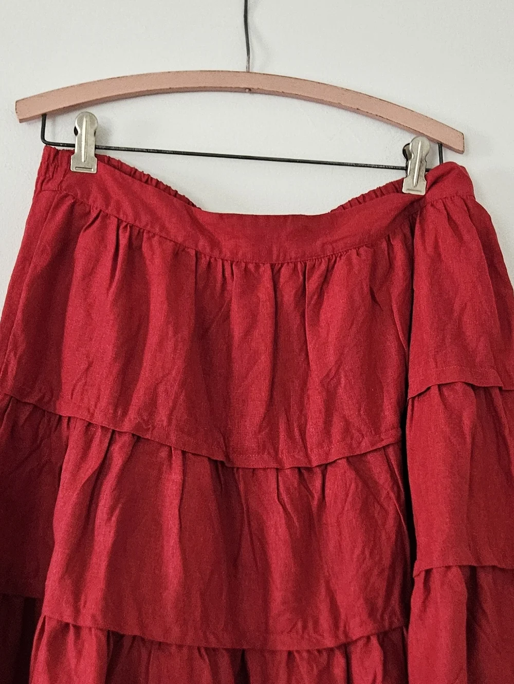 Soft Surroundings Skirt L Tiered Linen Red Americana Pin-Up Pull on Flirty Fairy